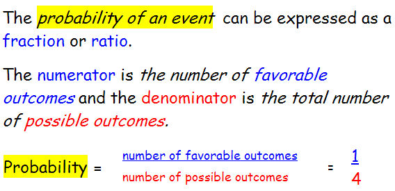 Theoretical probability is represented by the ratio of desired outcomes to the total possible outcomes