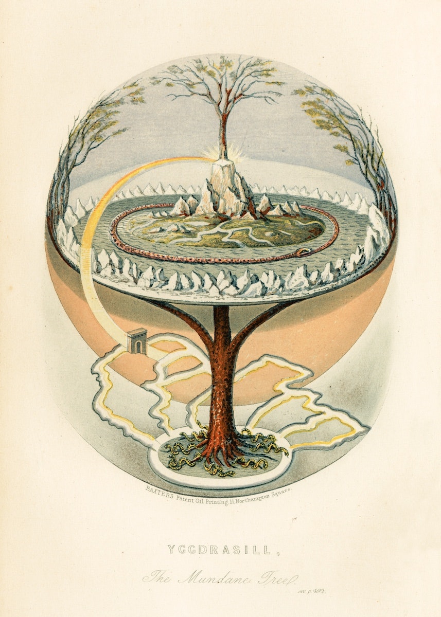 Mythological Yggdrasil. Credit: Baxters Patent oil painting a la Oluf Olufssen Bagge's translation of the Prose Edda (1847)