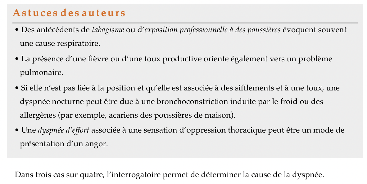 Dyspnée:
Interrogez le patient sur le moment d'apparition, la sévérité et du type de dyspnée