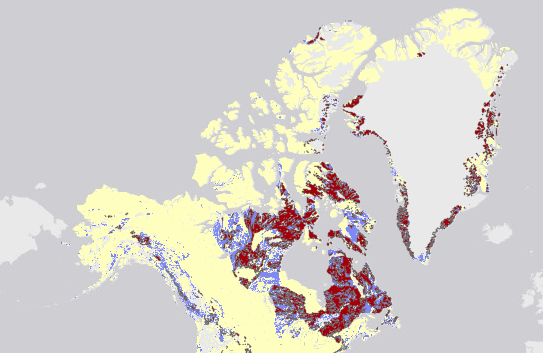 Types of rocks in the different regions. sedimentry-yellow. igneous-blue, metamorphic-red