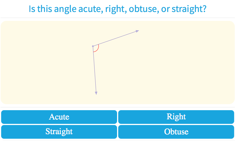 PRACTICE GAME!
Click the colored icon to the right to practice identifying whether the angle shown is obtuse, right, acute, o