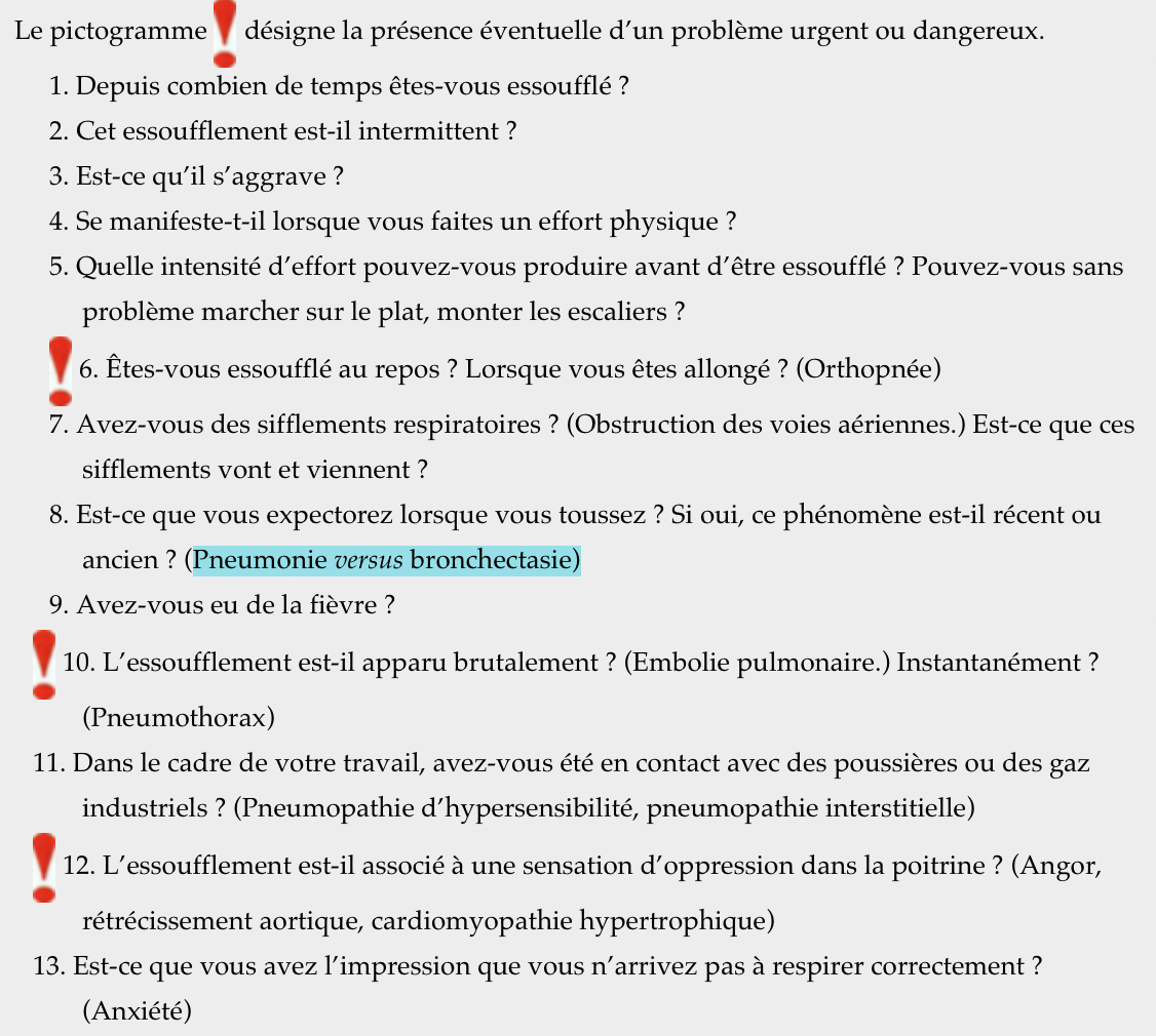 Interrogatoire:
Quelles questions poser à un patient se plaignant d'essoufflement?

Les points d'exclamation rouges représent