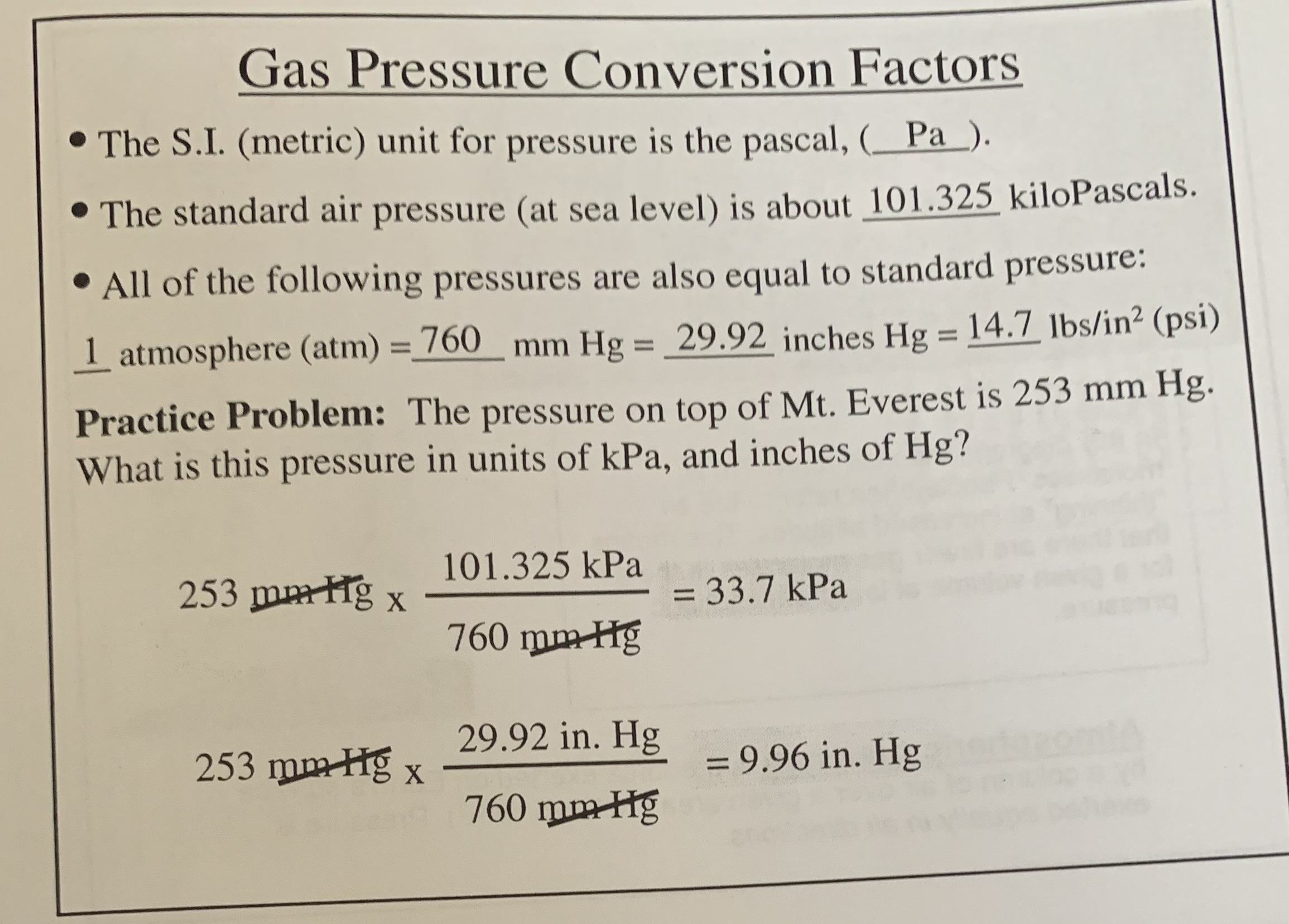 Conversion factors for pressure