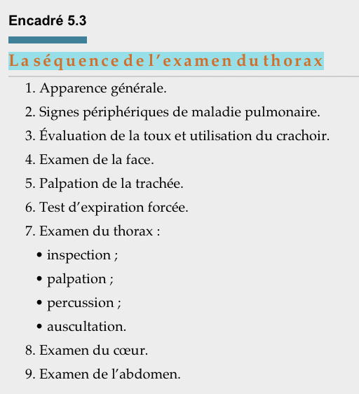 Séquence de l'examen du thorax:

Voir détails dans le livre d'examens cliniques