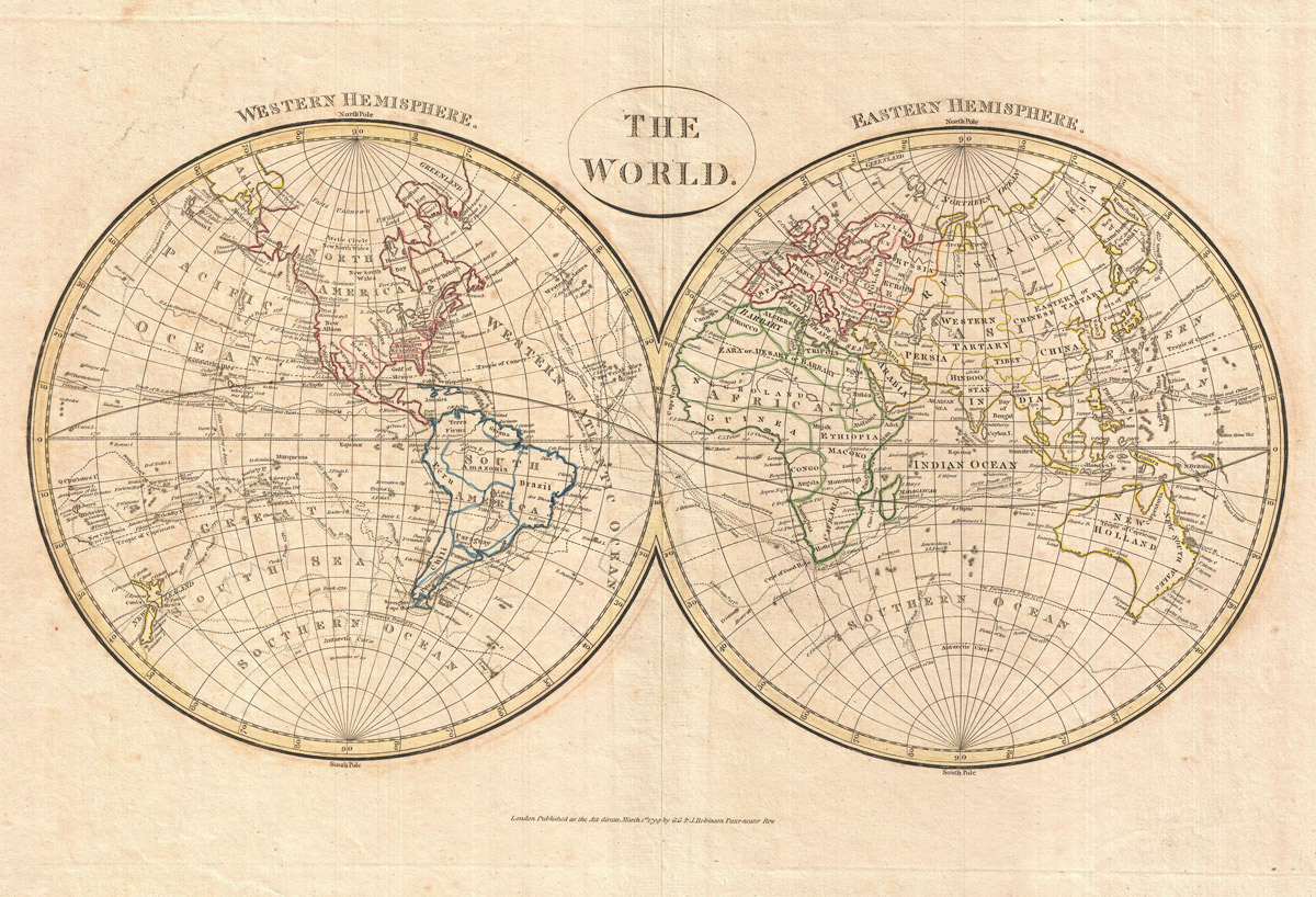 Clement Cruttwell, Map of the World in Two Hemispheres, Atlas to Cruttwell’s Gazetteer, 1799