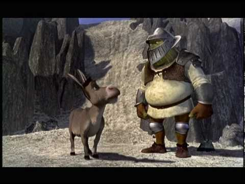 Shrek and donkey staring at each other after saving Fiona