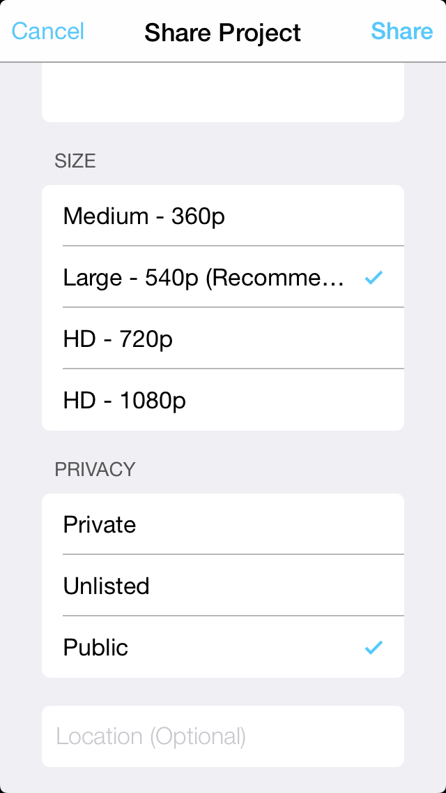 4. For size, choose HD-720pop or lower. This enables viewers to watch your movie on their phones. Also choose your privacy se