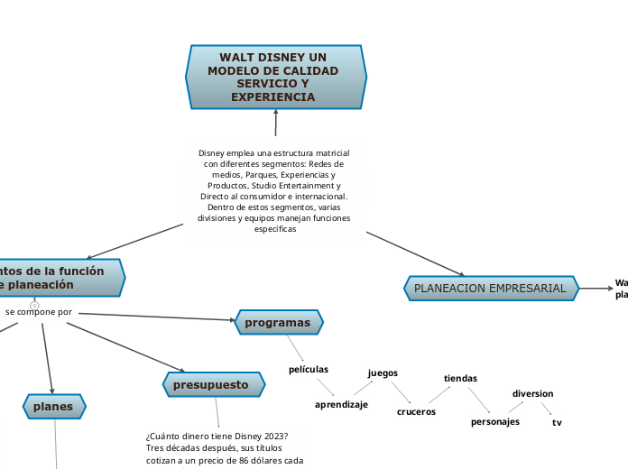 Disney emplea una estructura matricial con diferentes segmentos: Redes de medios, Parques, Experiencias y Productos, Studio Entertainment y Directo al consumidor e internacional. Dentro de estos segmentos, varias divisiones y equipos manejan funciones esp