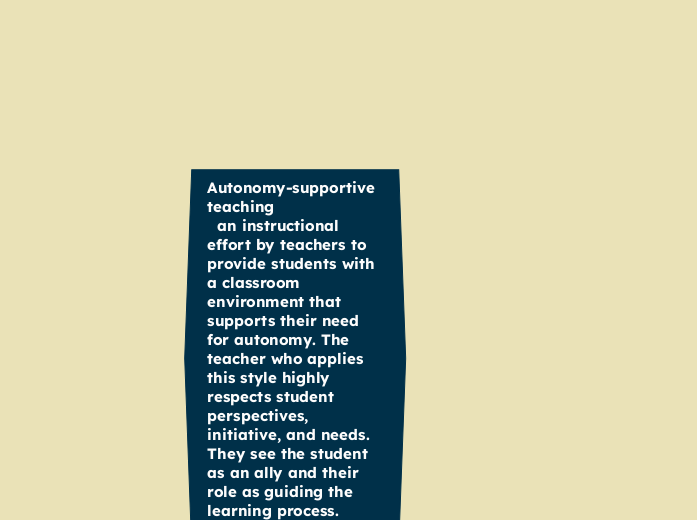 Autonomy-supportive teaching 
  an instructional effort by teachers to provide students with a classroom environment that supports their need for autonomy. The teacher who applies this style highly respects student perspectives, initiative, and needs. They see the student as an ally and their role as guiding the learning process.
Practices suggested: